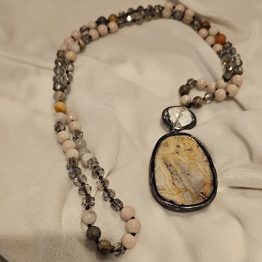 Natural Stone Necklace with Cream and Brown Accents Hand Crafted - Picture 4 of 6